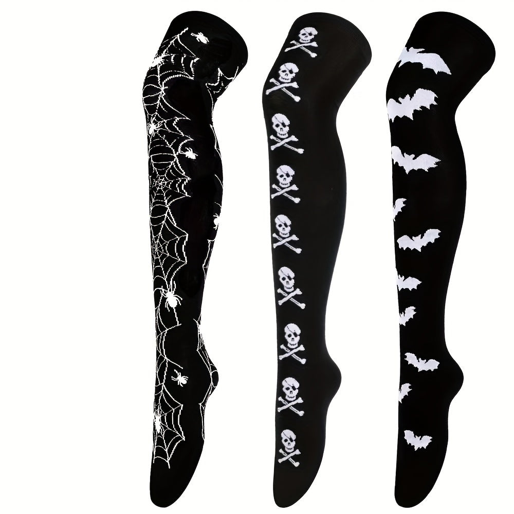 [Halloween-themed Women's socks] 3 pairs of Halloween-themed skull and bat full-body print funny Women's over-the-knee socks, soft, comfortable, tight and high-stretch socks, suitable for parties and daily wear