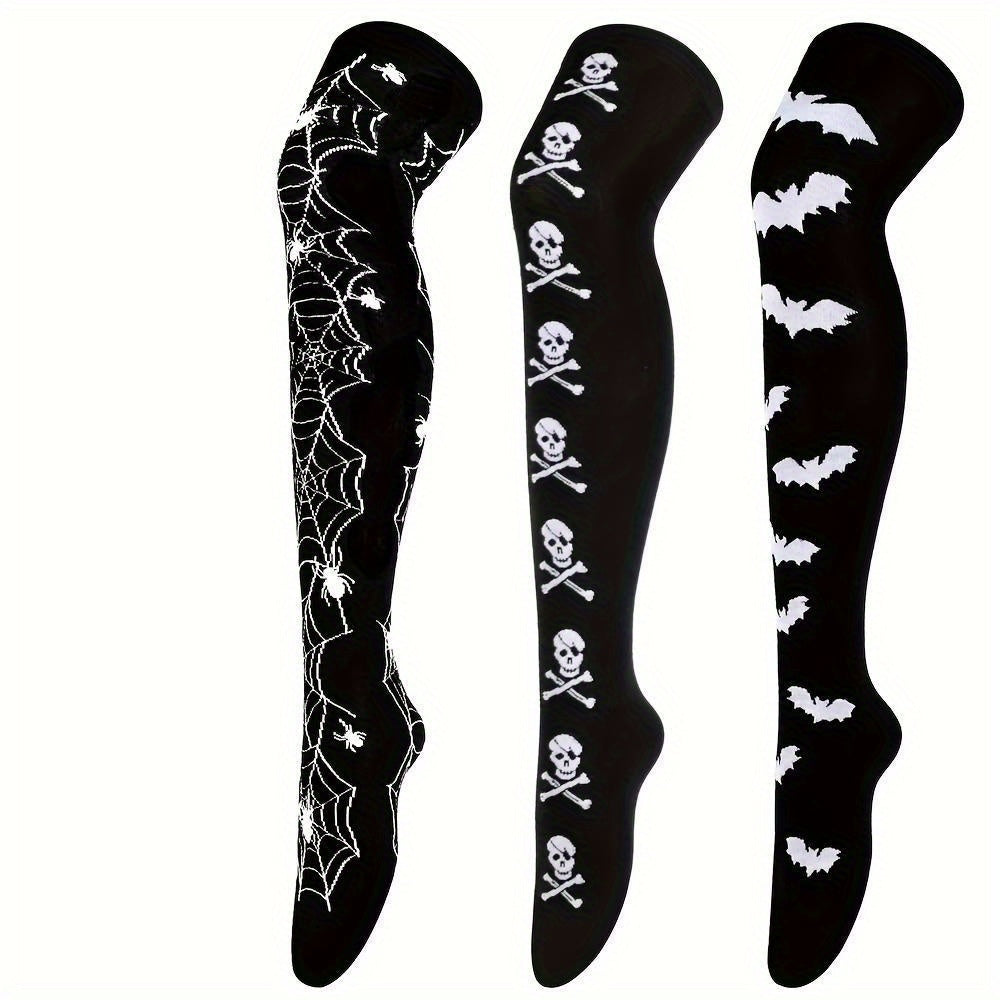 [Halloween-themed Women's socks] 3 pairs of Halloween-themed skull and bat full-body print funny Women's over-the-knee socks, soft, comfortable, tight and high-stretch socks, suitable for parties and daily wear