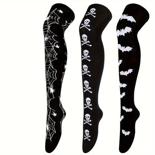 [Halloween-themed Women's socks] 3 pairs of Halloween-themed skull and bat full-body print funny Women's over-the-knee socks, soft, comfortable, tight and high-stretch socks, suitable for parties and daily wear