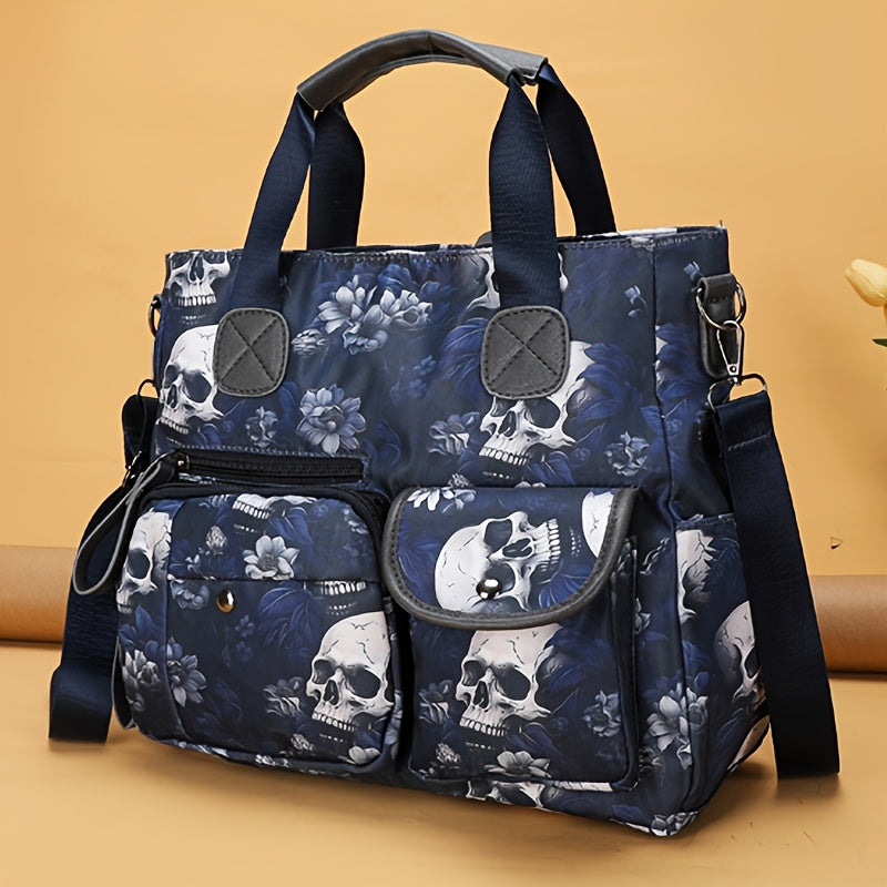 Perfect Lily Women's Punk Style Skull & Floral Print Crossbody Tote Bag - Red/Blue Nylon Multi-Pocket Handbag with Detachable Adjustable Shoulder Strap, Zipper Closure & Polyester Lining for Daily Commute, Work, Casual Outing