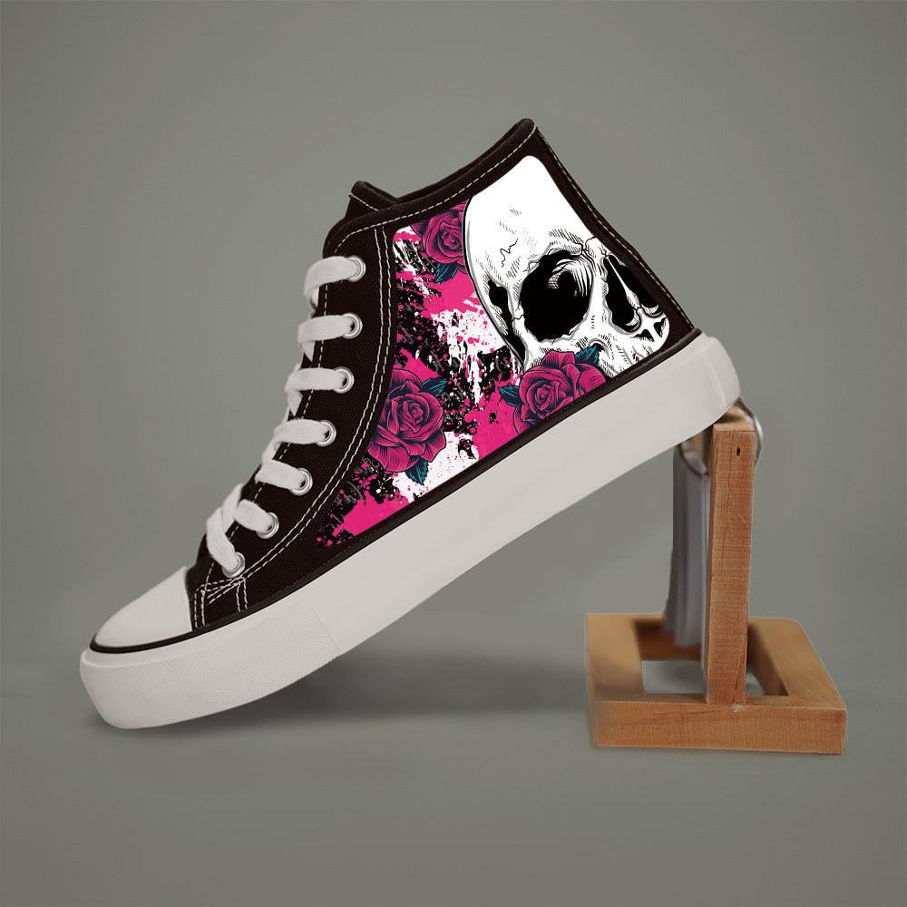 Women'S Black & White High-Top Sneakers with Skull & Roses Design - Lace-Up Casual Shoes, Round Toe, Durable PVC Sole, All-Season Comfort for Casual Attire, Casual Footwear | Cartoon Pattern Shoes | Fabric Lined Interior