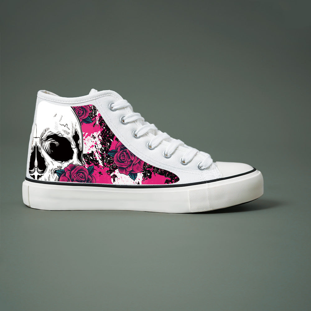 Women'S Black & White High-Top Sneakers with Skull & Roses Design - Lace-Up Casual Shoes, Round Toe, Durable PVC Sole, All-Season Comfort for Casual Attire, Casual Footwear | Cartoon Pattern Shoes | Fabric Lined Interior