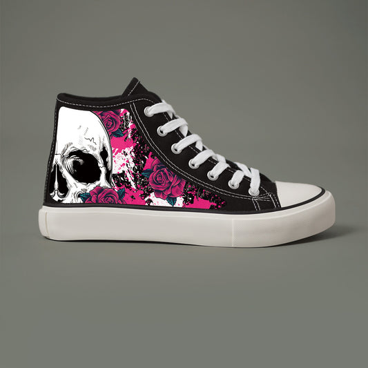 Women'S Black & White High-Top Sneakers with Skull & Roses Design - Lace-Up Casual Shoes, Round Toe, Durable PVC Sole, All-Season Comfort for Casual Attire, Casual Footwear | Cartoon Pattern Shoes | Fabric Lined Interior