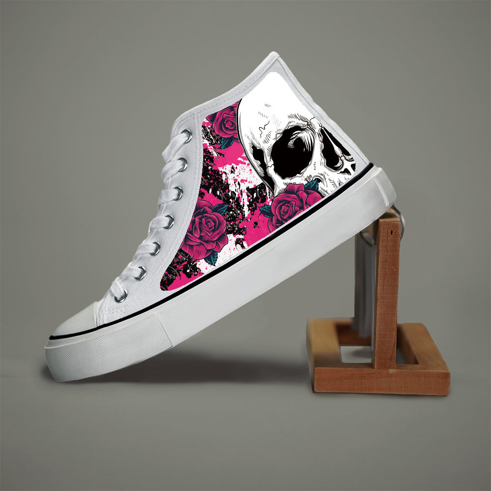 Women'S Black & White High-Top Sneakers with Skull & Roses Design - Lace-Up Casual Shoes, Round Toe, Durable PVC Sole, All-Season Comfort for Casual Attire, Casual Footwear | Cartoon Pattern Shoes | Fabric Lined Interior
