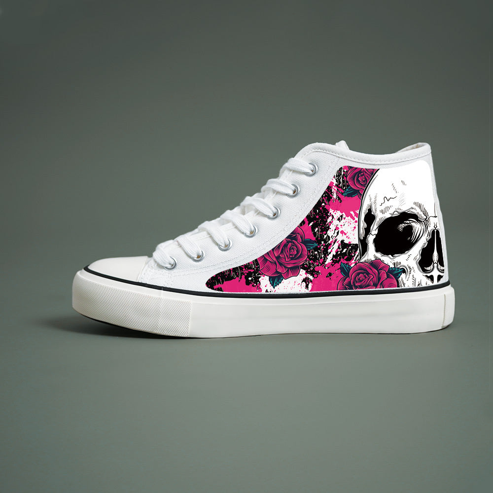 Women'S Black & White High-Top Sneakers with Skull & Roses Design - Lace-Up Casual Shoes, Round Toe, Durable PVC Sole, All-Season Comfort for Casual Attire, Casual Footwear | Cartoon Pattern Shoes | Fabric Lined Interior