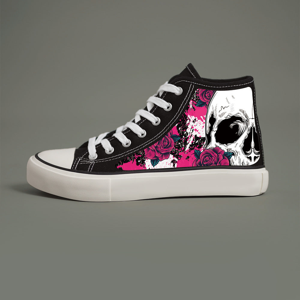 Women'S Black & White High-Top Sneakers with Skull & Roses Design - Lace-Up Casual Shoes, Round Toe, Durable PVC Sole, All-Season Comfort for Casual Attire, Casual Footwear | Cartoon Pattern Shoes | Fabric Lined Interior