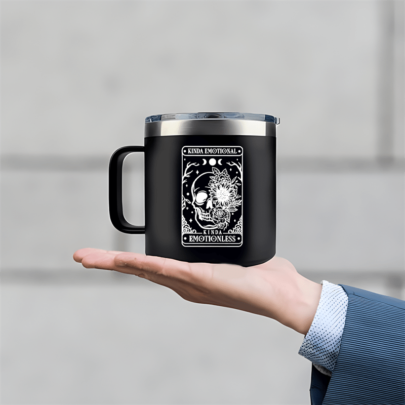 14oz Stainless Steel Insulated Mug with Skull Design - Double-Walled, Splash-Proof, Reusable Coffee Cup for Men & Women - Perfect for Car, Outdoor Camping, Travel | Unique Gift Idea