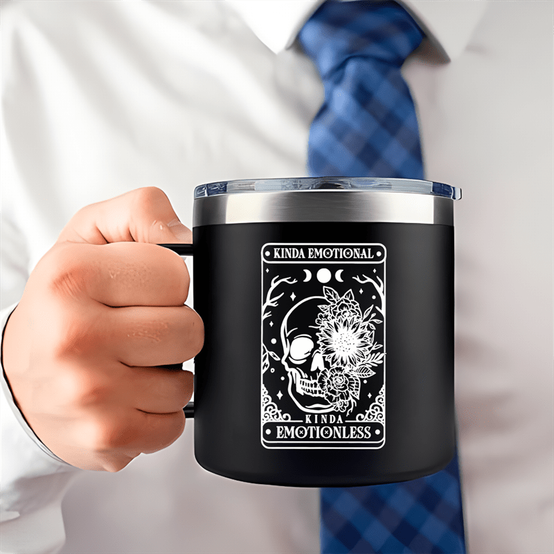 14oz Stainless Steel Insulated Mug with Skull Design - Double-Walled, Splash-Proof, Reusable Coffee Cup for Men & Women - Perfect for Car, Outdoor Camping, Travel | Unique Gift Idea