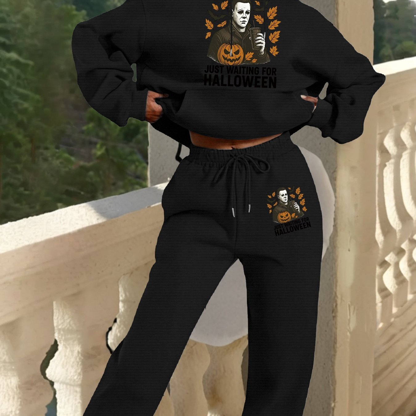 2025 Autumn Winter New Arrival, Halloween Horror Pattern Hoodie and Sweatpants Set, Casual Style, with Pockets, for Women, Fall/Winter Collection, Halloween Costume|Casual Style Hoodie|Pocketed Hoodie, Halloween Costume Set,