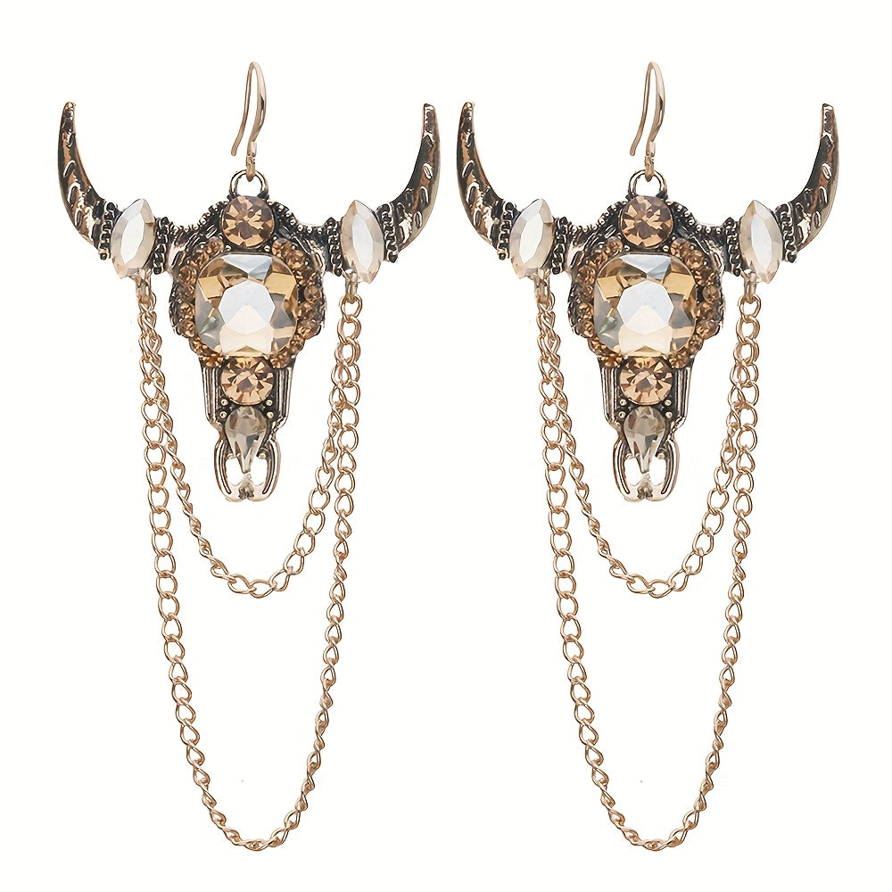 Gothic Western Vintage Tassel Rhinestone Bull Head Long Earrings for Women's Party Casual Fashion Jewelry