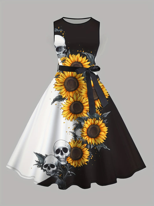 Women'S Gothic Sunflower Skull Print Sleeveless A-Line Dress with Belt - Black & White Contrast, Vintage Cocktail Party Dress for Spring Summer Fall, Casual Elegance, Seasonal Fashion, Offshoulder Design, Sophisticated Crafts