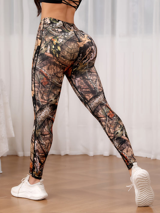 Women's High-Waisted Camo Yoga Leggings - Stretchy, Non-See-Through Workout Pants for All Seasons, Polyester/Spandex Blend, Machine Washable, High Elasticity, Plant Pattern Design, Yoga Pants