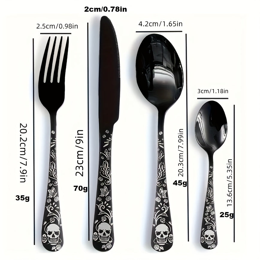 16/24pcs Gothic Design Cutlery Service for 4/6/8, Premium Stainless Steel Flatware Includes Spoon Fork And Knife, Cool Silverware with Skull&Rose Pattern, Nice Gift for Dark&Rock Lover/Halloween/Day of The Dead/Cinco De Mayo/