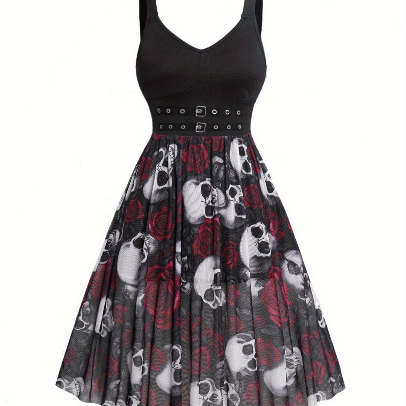 Women'S Halloween Party Dress - Gothic Skull Floral print in Black/Red/, Sleeveless V-Neck Formal Costume, Easy-to-Wear Party Outfit for Halloween, Gothic Events & Themed Parties - Adult Women'S Halloween Attire, Halloween Cl