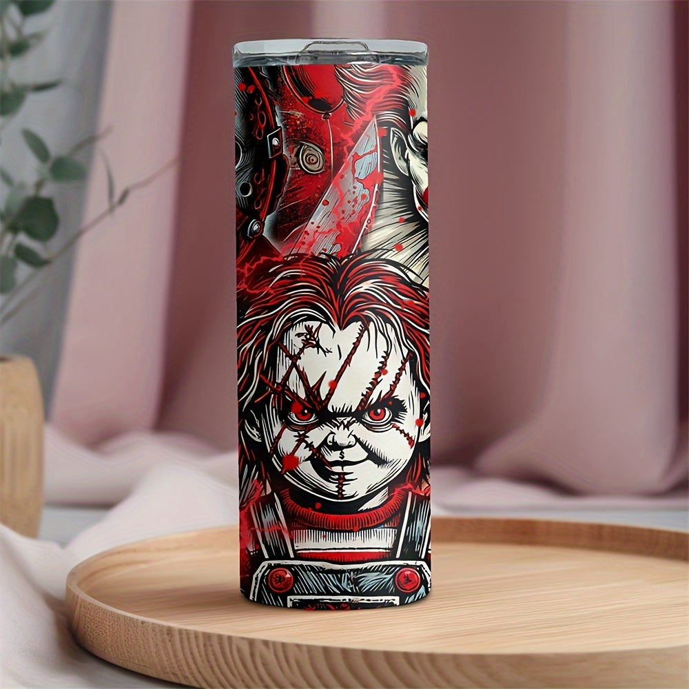 20oz Stainless Steel Tumbler with Horror Movie Characters, Insulated Travel Mug for Coffee, Beer, Drinks - Leakproof, Rust Resistant with Straw, Ideal for Halloween Party Gift - No Assembly Needed