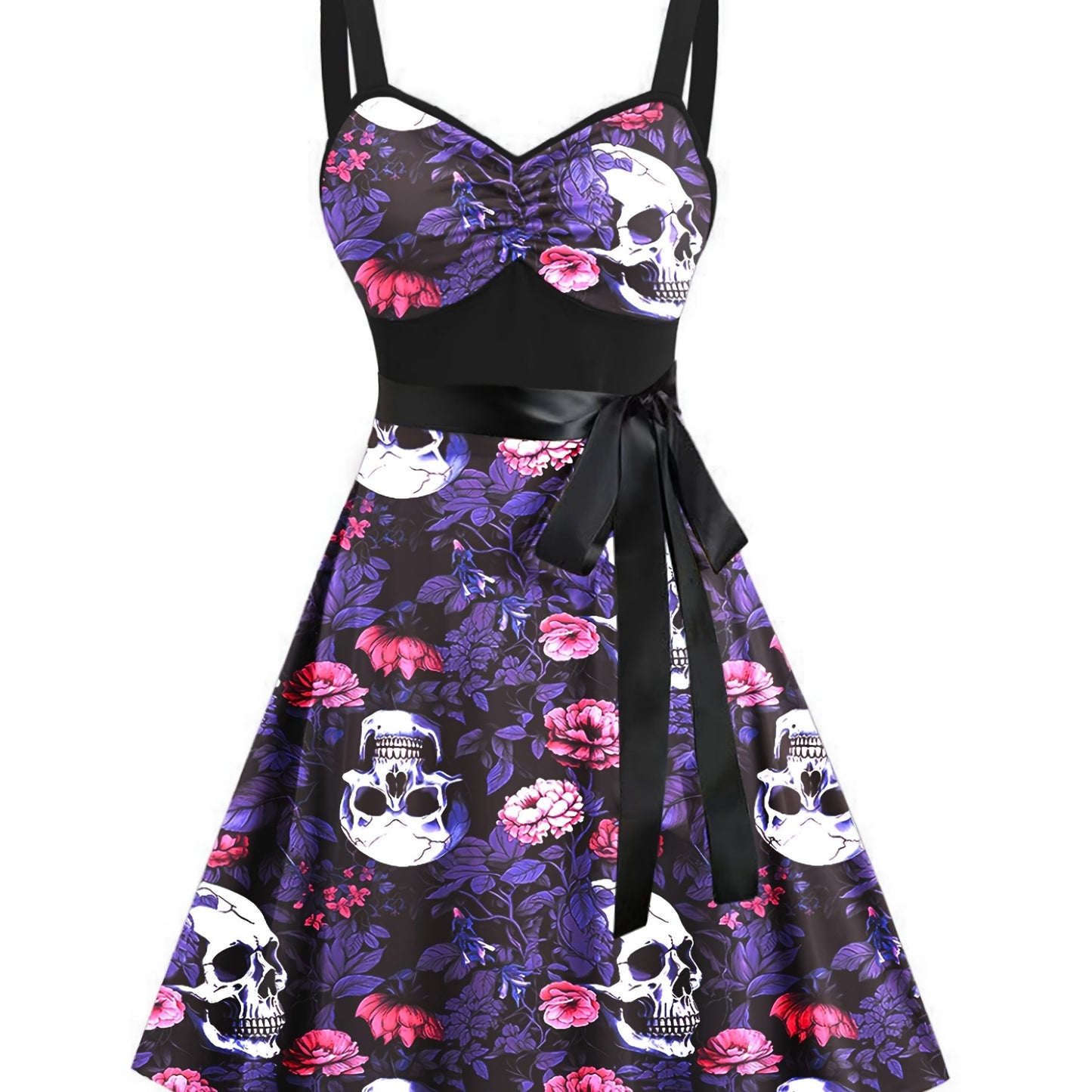 Women'S Floral Skull Print Pleated Bodice Sleeveless Summer Camisole Dress with Belt