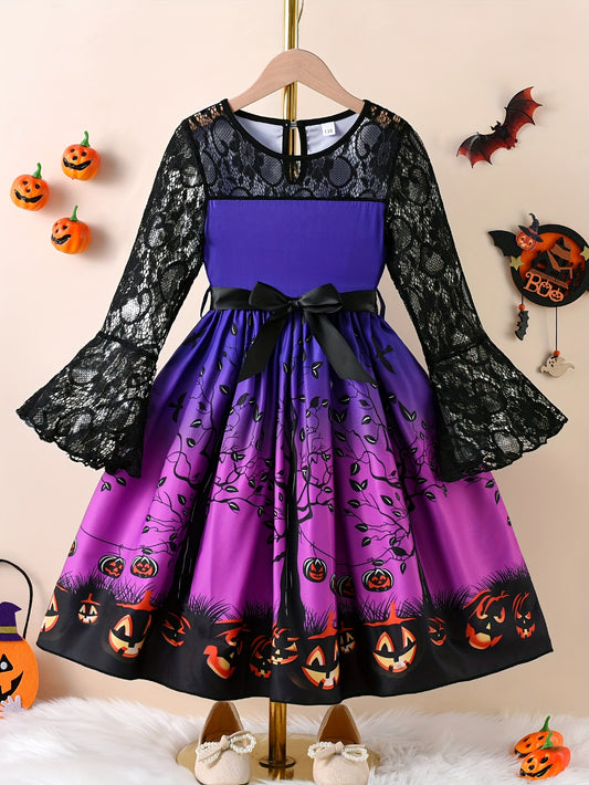 Girls' Autumn New Halloween Element Print Spliced Lace Long Sleeve + Drawstring Fashion Dress - The Best Choice for Halloween Gifts for Girls