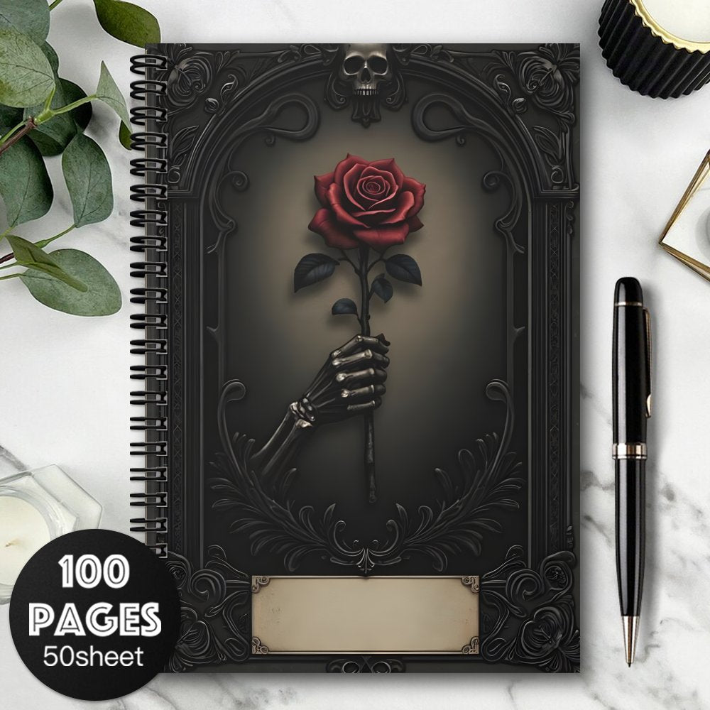 1pc Gothic Spiral Notebook Journal - Mystical Rose & Skull Design, Black with Golden Accents, 100 Pages, Perfect for Daily Writing, Travel, Office, or Gift for Teen Girls, Gothic Journaling | Skull Rose Design | Durable Spira