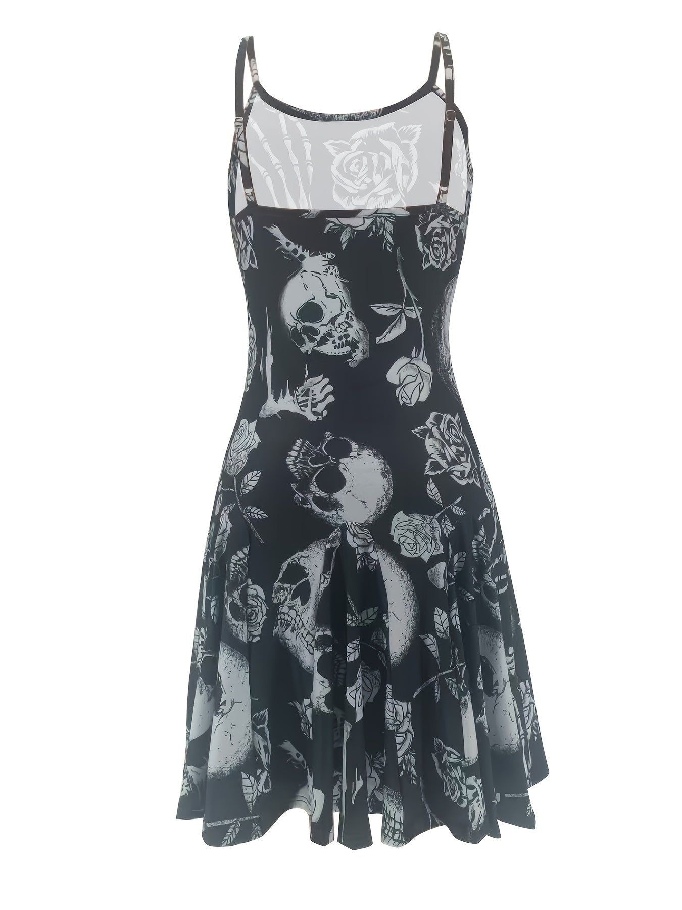 [Y2K Mini Dress] Y2K-Inspired Mini Dress | Black A-Line Summer Dress with Thin Straps, Floral Skull Print - Perfect for Halloween & Casual Outfits