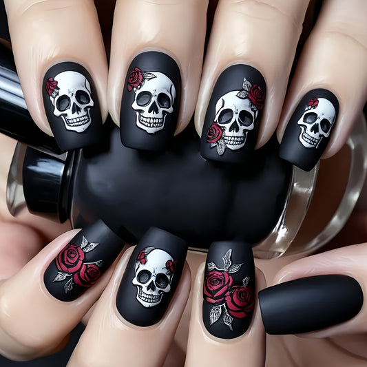 24pcs Gothic Black & & Rose Press-On Nails - Long Square Medium Length False Nails with Intricate White Skull & Red Rose Design, Matte Finish, Removable Full Set for Women, Halloween, Winter, Casual Attire, Themed Parties, Ea