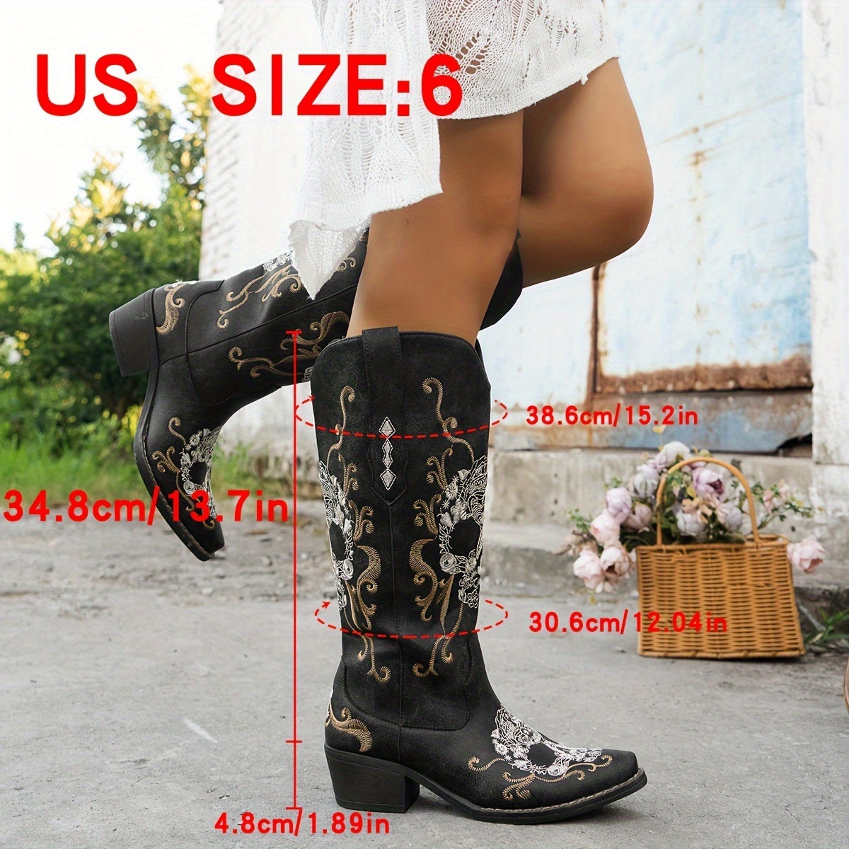 Women's Retro Embroidered Skull Western Cowboy Boots - Slip-On Chunky Mid-Heel Square Toe, Faux Cover & TPR Outsole, All-Season Comfort for Halloween, Casual & Themed Events, Cowboy Accessories, Themed Event Footwear, Durable
