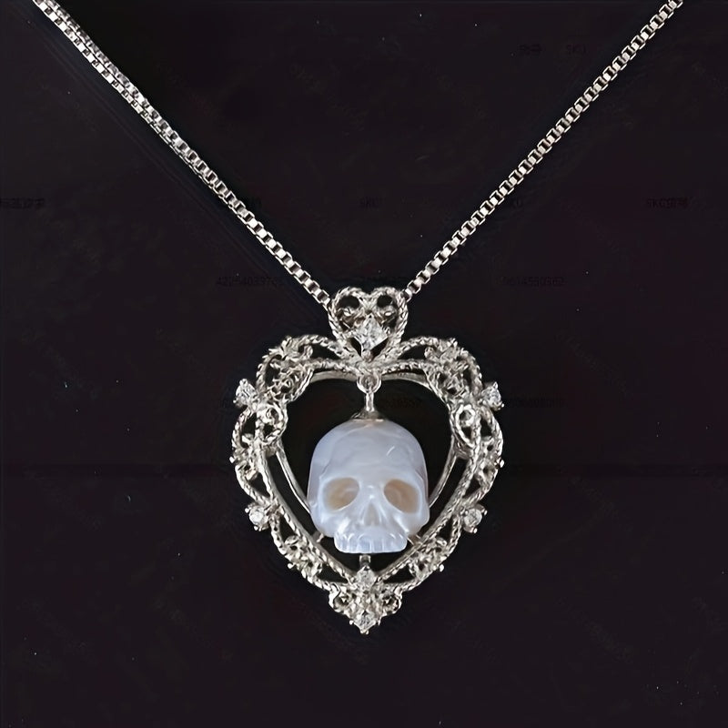 Gothic Skull Carved Imitation Pearl Necklace with Heart and Soul Pendant, 925 Silver-Plated Synthetic Necklace - Valentine's Day Gift for Her or Him