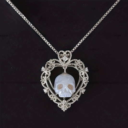 Gothic Skull Carved Imitation Pearl Necklace with Heart and Soul Pendant, 925 Silver-Plated Synthetic Necklace - Valentine's Day Gift for Her or Him