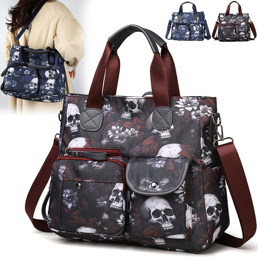 Perfect Lily Women's Punk Style Skull & Floral Print Crossbody Tote Bag - Red/Blue Nylon Multi-Pocket Handbag with Detachable Adjustable Shoulder Strap, Zipper Closure & Polyester Lining for Daily Commute, Work, Casual Outing