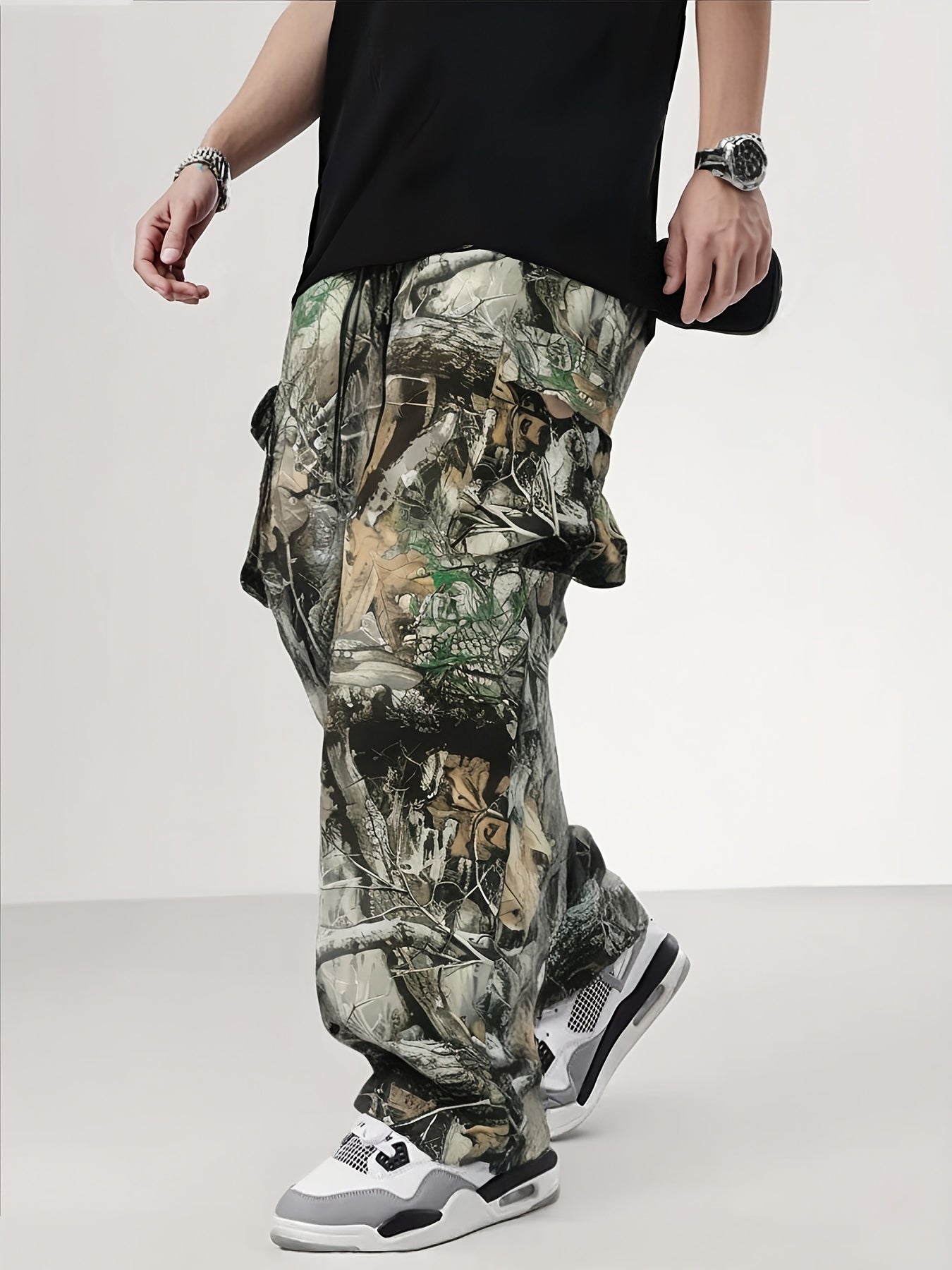 Men's Plus Size Camo Cargo Pants with 3D Pocket Detail - Trendy All-Over Print, Multi-Pocket Design, Polyester for Outdoor, Sports & Streetwear, PLUS SIZE