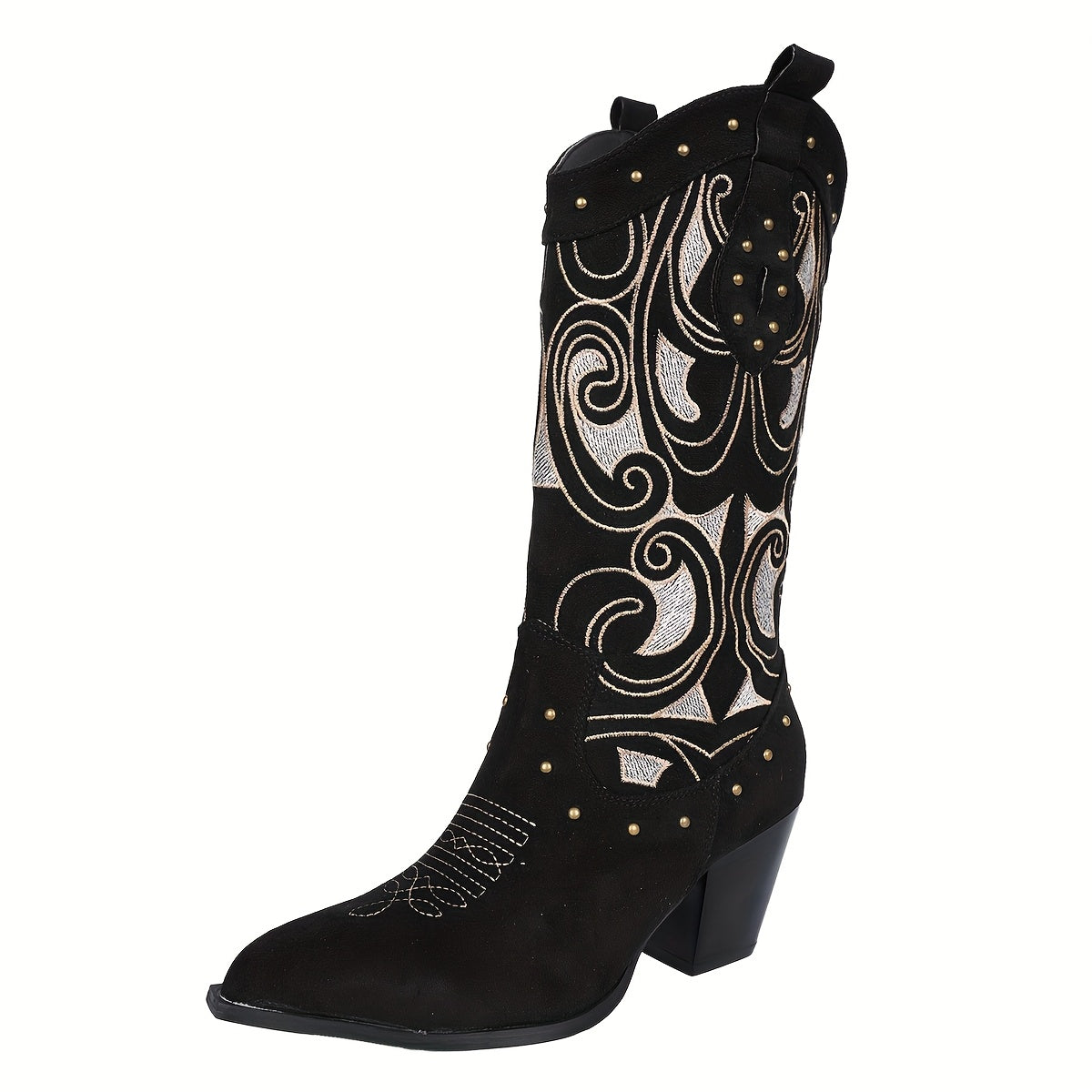 Women'S Gothic Cowboy Boots - Slip-On Mid-Calf Riding Boots with Pointed Toe, Non-Slip Rubber Sole - All-Season Western Boots for Halloween, Christmas, Parties, Everyday - Elegant Gothic Boots for Women (Black) - Easy-Clean F