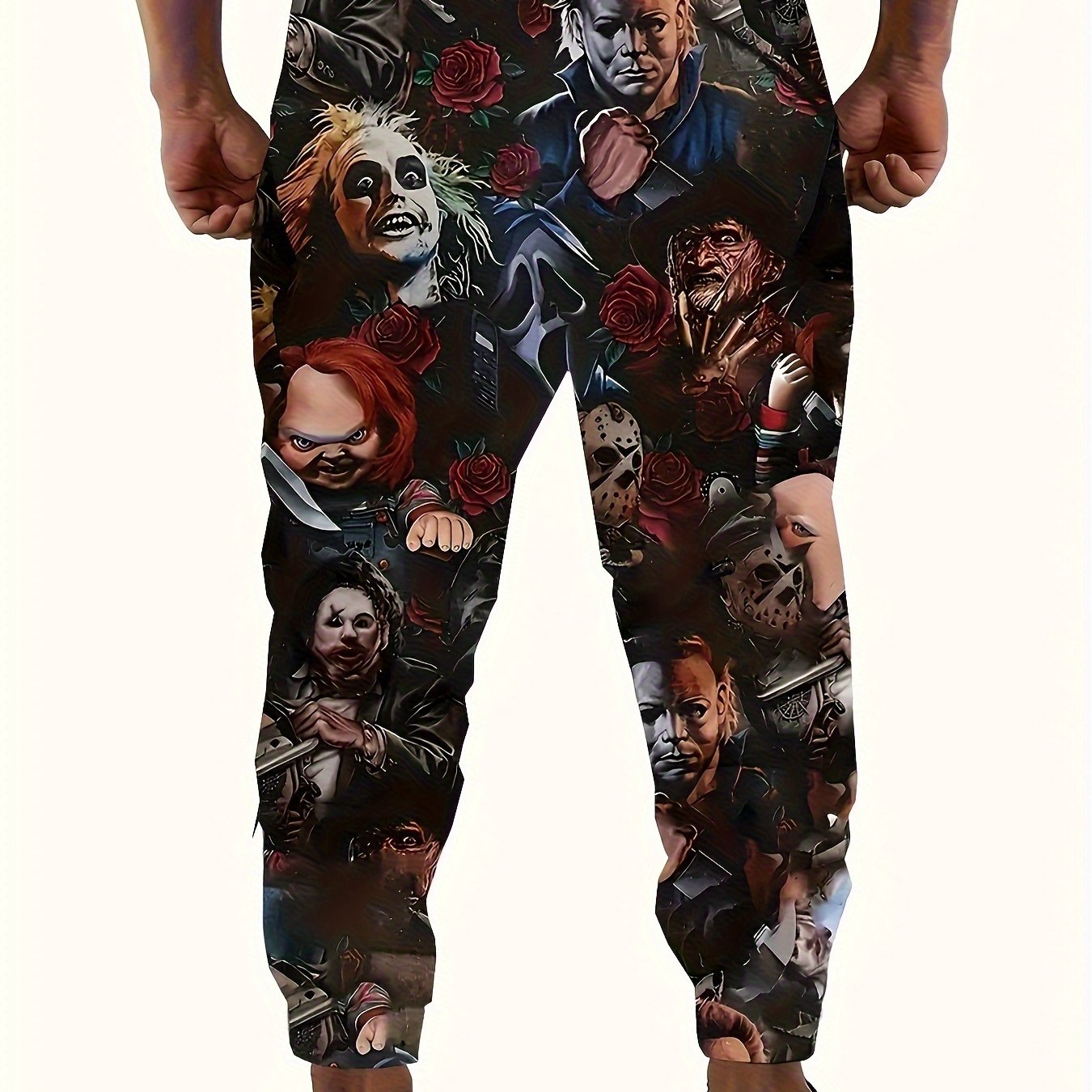 Men'S Horror Movie Icons Print Jogger Pants - Polyester Knit Casual Sportswear with Adjustable Drawstring Waist & Functional Pockets, All-Season Comfort for Gym, Lounge, Streetwear - Regular Fit Jogging Pants with Iconic Movi