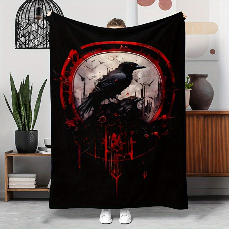 [1pc Gothic Crow Blanket] 1pc Gothic Crow Pattern Flannel Blanket | Halloween Gift Blanket for Family and Friends, Midday Nap Blanket, Throw Blanket, Sofa Blanket, Camping and Travel Multi-purpose
