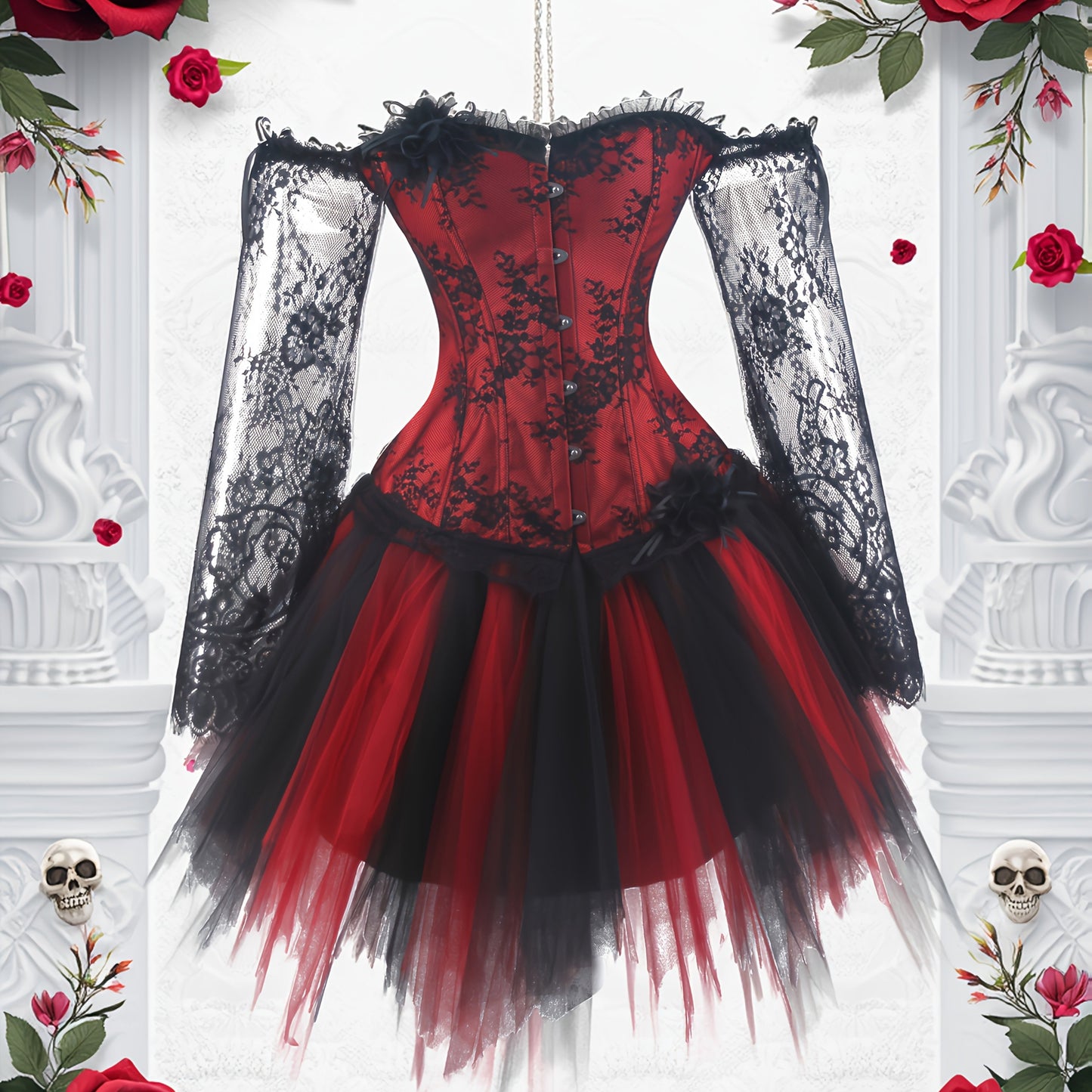 [Halloween Costume Set] Halloween Vampire Witch Costume Set, Dark Gothic Victorian Style Lace Long Sleeve Corset + Black Lolita Style TUTU Skirt, Day of the Dead Party Outfit
