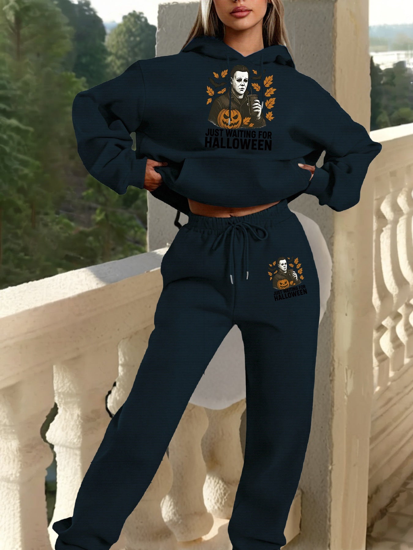2025 Autumn Winter New Arrival, Halloween Horror Pattern Hoodie and Sweatpants Set, Casual Style, with Pockets, for Women, Fall/Winter Collection, Halloween Costume|Casual Style Hoodie|Pocketed Hoodie, Halloween Costume Set,
