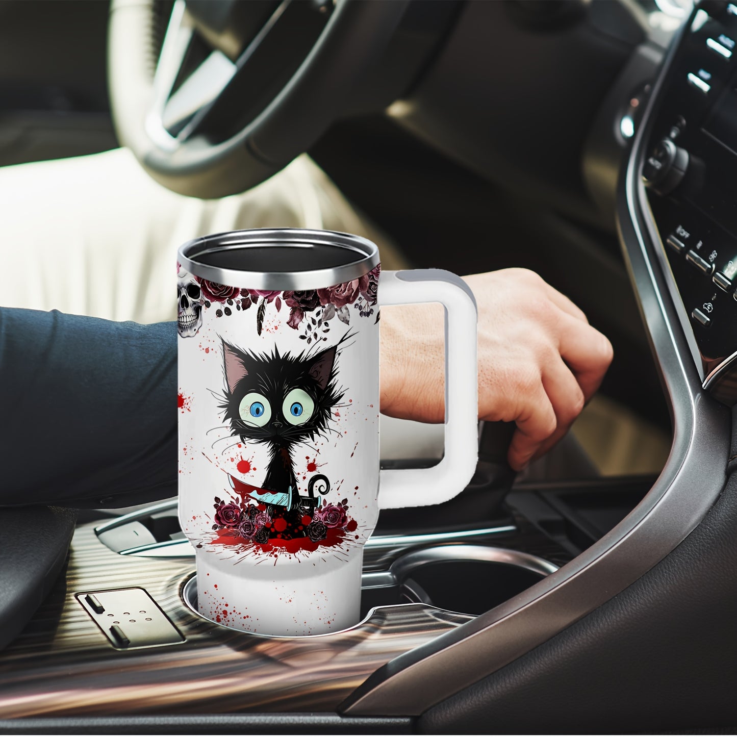 1pc Horror Cat Coffee Mug, Halloween Stainless Steel Insulated Cups 40oz, Halloween Cat Cups with Lids And Straws, Halloween Coffee Cups, Large Capacity Coffee Cup, Stainless Steel Insulated Cup with Handle, Horror Cat Cup, W