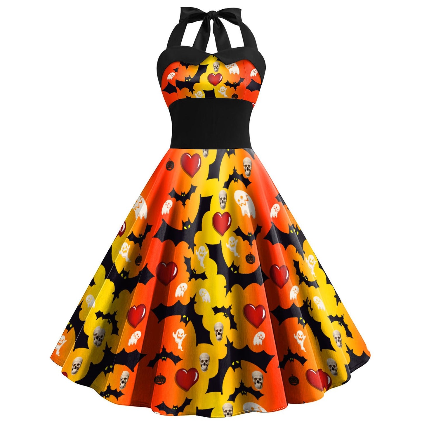 Women'S Retro Gothic Halloween Dress with Skull & Spider Web Print - Asymmetrical Short Sleeve High Waist Party Costume, & Orange Sleeveless Outfit with Shoulder Straps & Ruffled Hem for Themed Events, Year-Round Wear (Adult