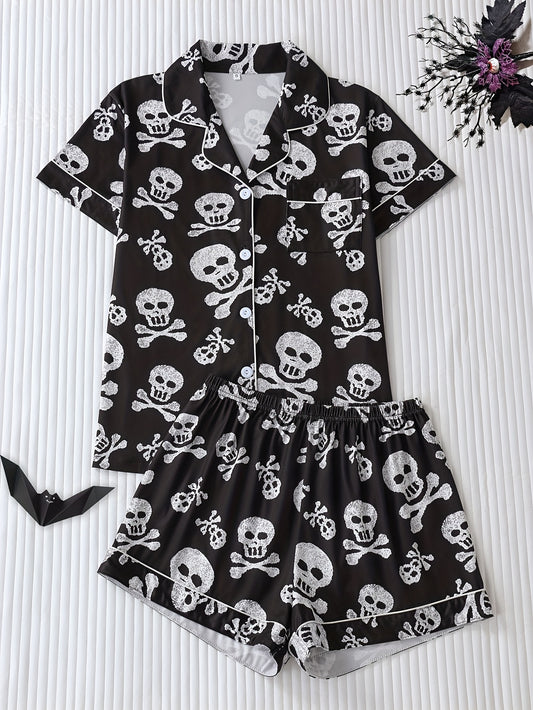 Two-Piece Skull Head Halloween Cartoon Pattern Women'S Pajamas, Turn- Collar Button Short Sleeve and Loose Comfortable Shorts, Elegant Women'S Pajama Set
