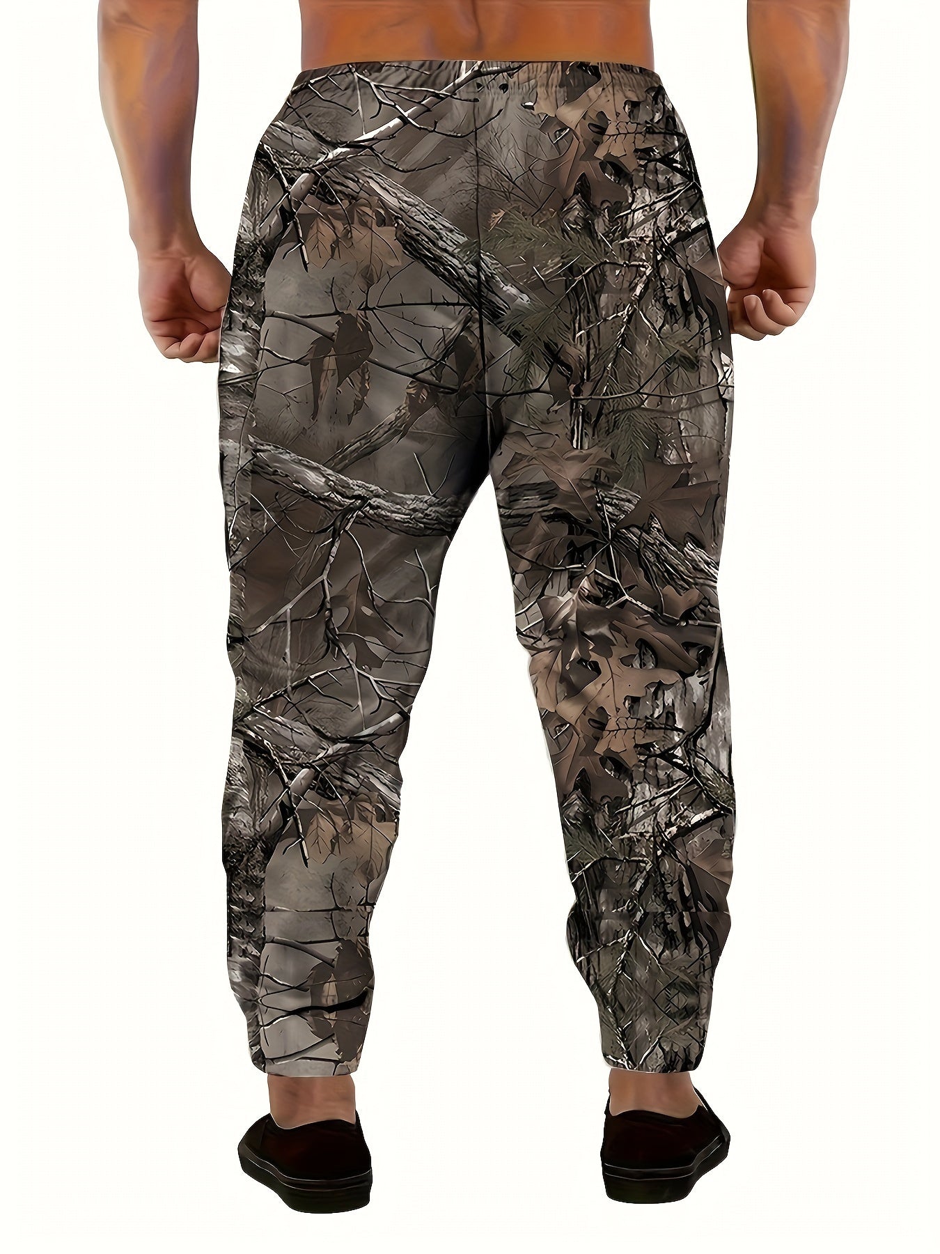[3D Camo Hunting Pants] Polyester Blend Men's 3D Camo Hunting Pants with Drawstring & Pockets | Stylish Jogger Sweatpants, All-Over Print, Casual Outdoor Wear for Hiking & Hunting