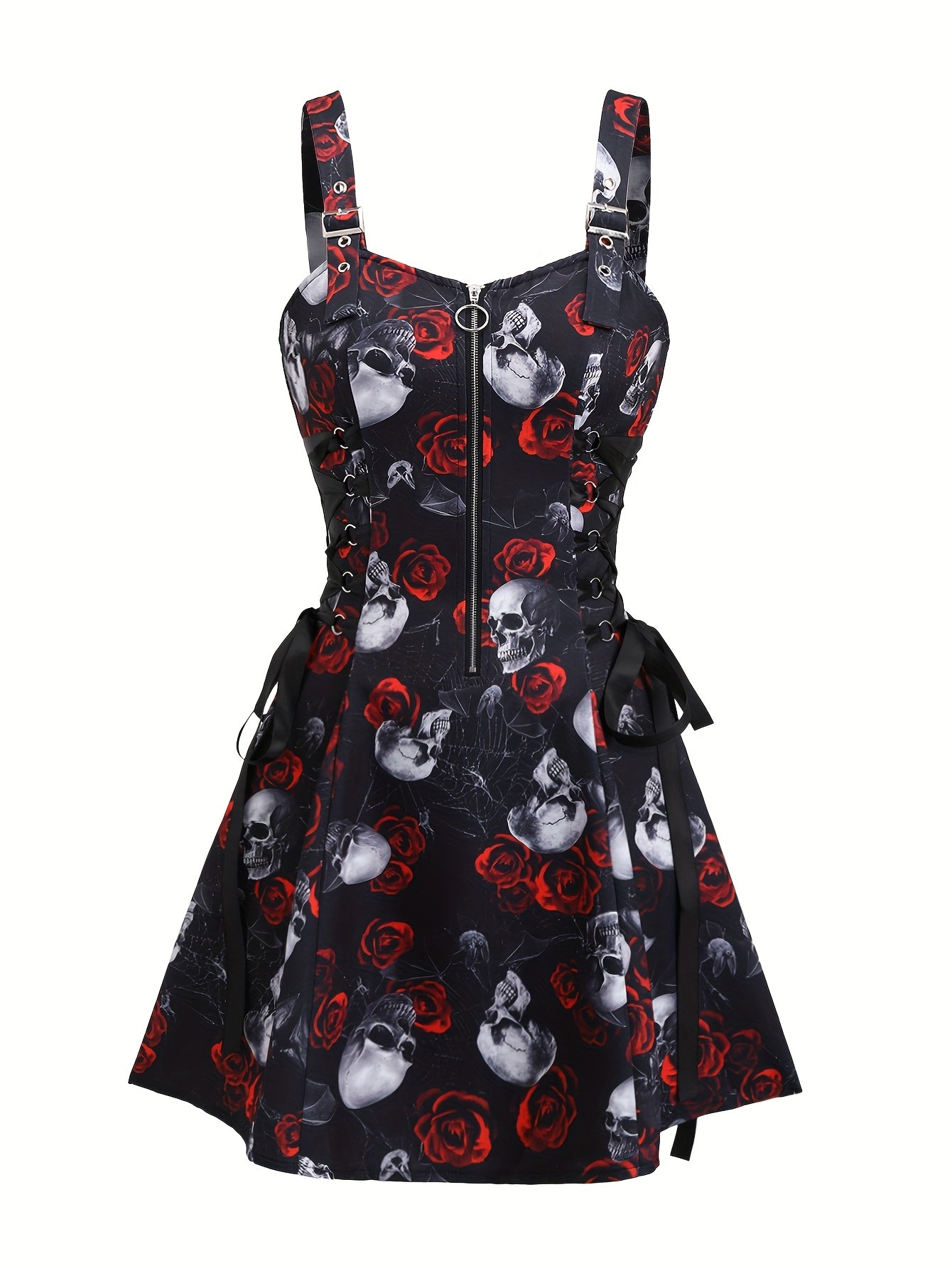 [Gothic Rose Midi Dress] Elegant Halloween Women's Gothic Rose Print Midi Dress | Casual Sleeveless A-Line Skirt with Back Zipper and Corset Detail, Black with White Floral Pattern