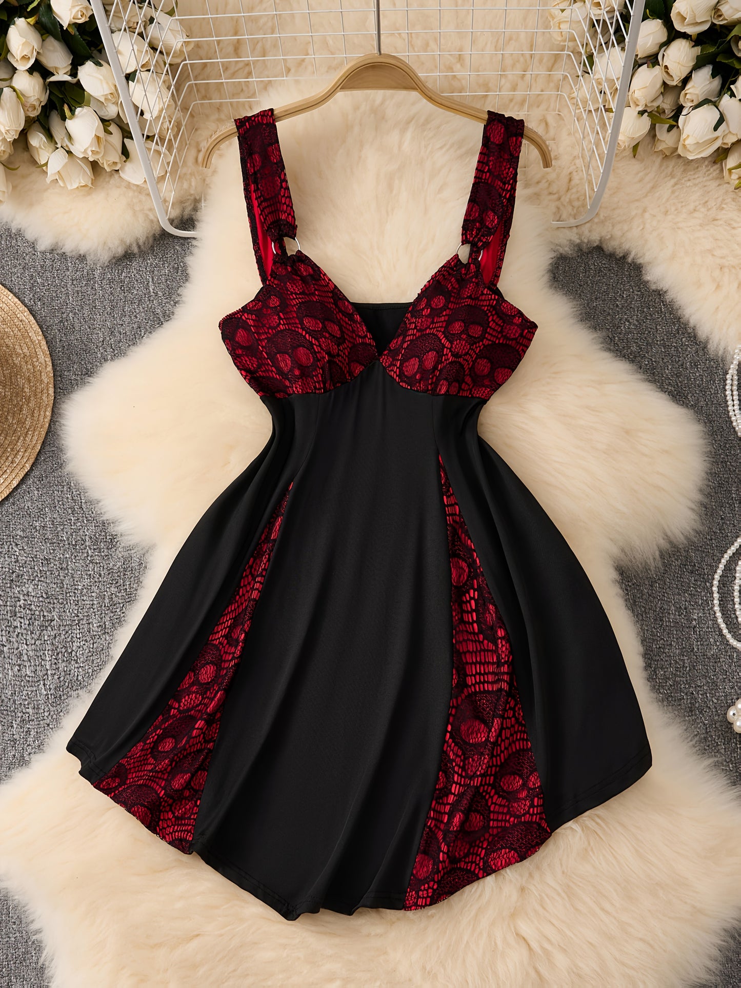 [Gothic Punk Lace Dress] Gothic Punk Lace Dress - Plus Size V-Neck Sleeveless Stretchy Black Dress with Skull Head Detail | Perfect for Parties and Events, Women's Gothic Dresses