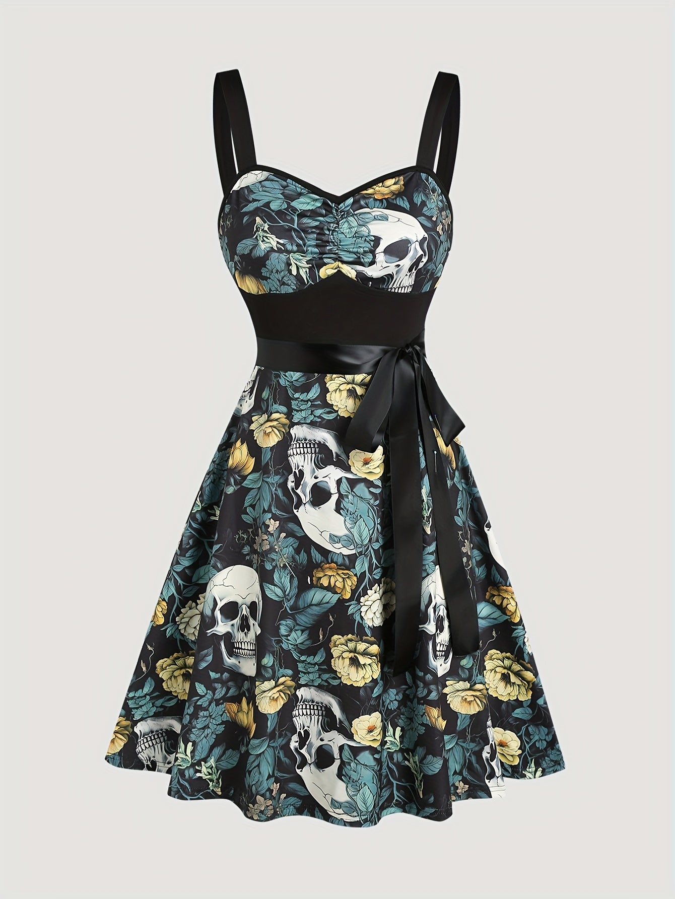 Women'S Floral Skull Print Pleated Bodice Sleeveless Summer Camisole Dress with Belt