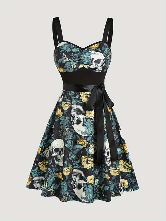 Women'S Floral Skull Print Pleated Bodice Sleeveless Summer Camisole Dress with Belt