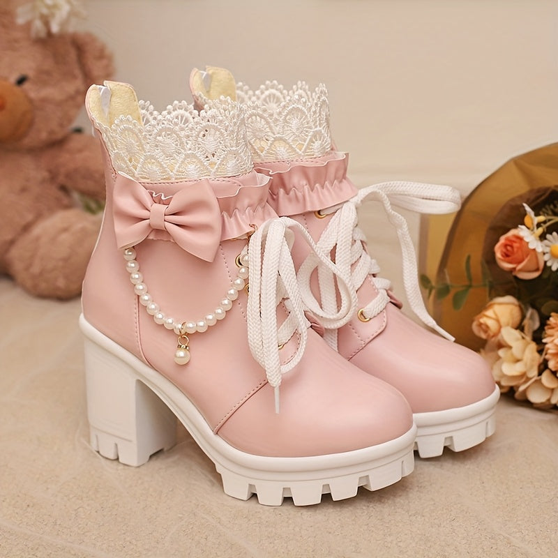 [Winter Chunky Heel Boots] Women's Winter Chunky Heel Gothic Lace-Up Ankle Boots | Japanese/Korean Fashion Faux Cover Round-Toe Short Boots with Thick Platform Sole, Zipper Closure & Heart Bow Buckle, Soft Fabric Lining - Cut
