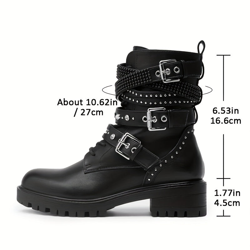 Women's Gothic Punk Motorcycle Boots - Lace-Up & Chain Zipper Closure, Thick Platform Sole with Metallic Studs, Chunky Mid-Heel, Faux Cover, All-Season Casual Ankle Boots (Black), Motorcycle Style Boots | Decorative Zipper Bo