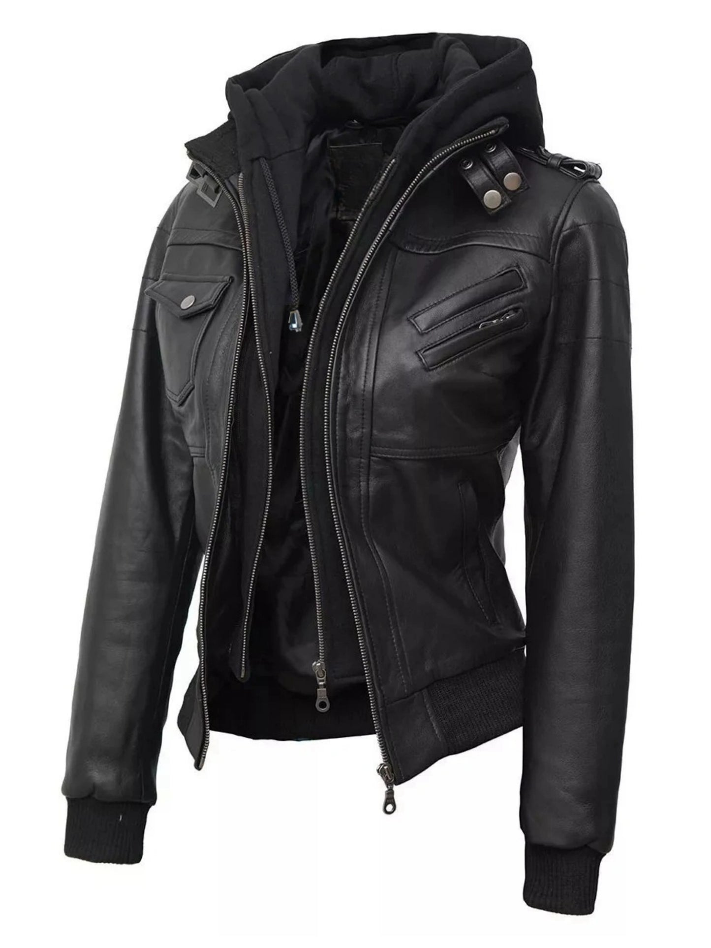[Black Hooded Jacket] Casual Black Women's Hooded Jacket | Faux Two-Piece Design, Zippered Pockets & Adjustable Straps | for Spring/Fall Outfits, Motorcycle Style