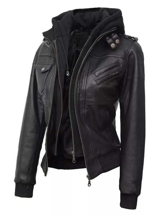 [Black Hooded Jacket] Casual Black Women's Hooded Jacket | Faux Two-Piece Design, Zippered Pockets & Adjustable Straps | for Spring/Fall Outfits, Motorcycle Style