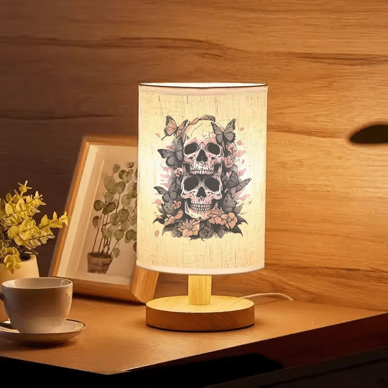 [Skull Table Lamp] Nordic Wooden Base Skull & Floral Print Table Lamp | LED Light, USB Powered, Push Button Control, Ideal for Bedroom, Office, or Home Decor, Gift Item