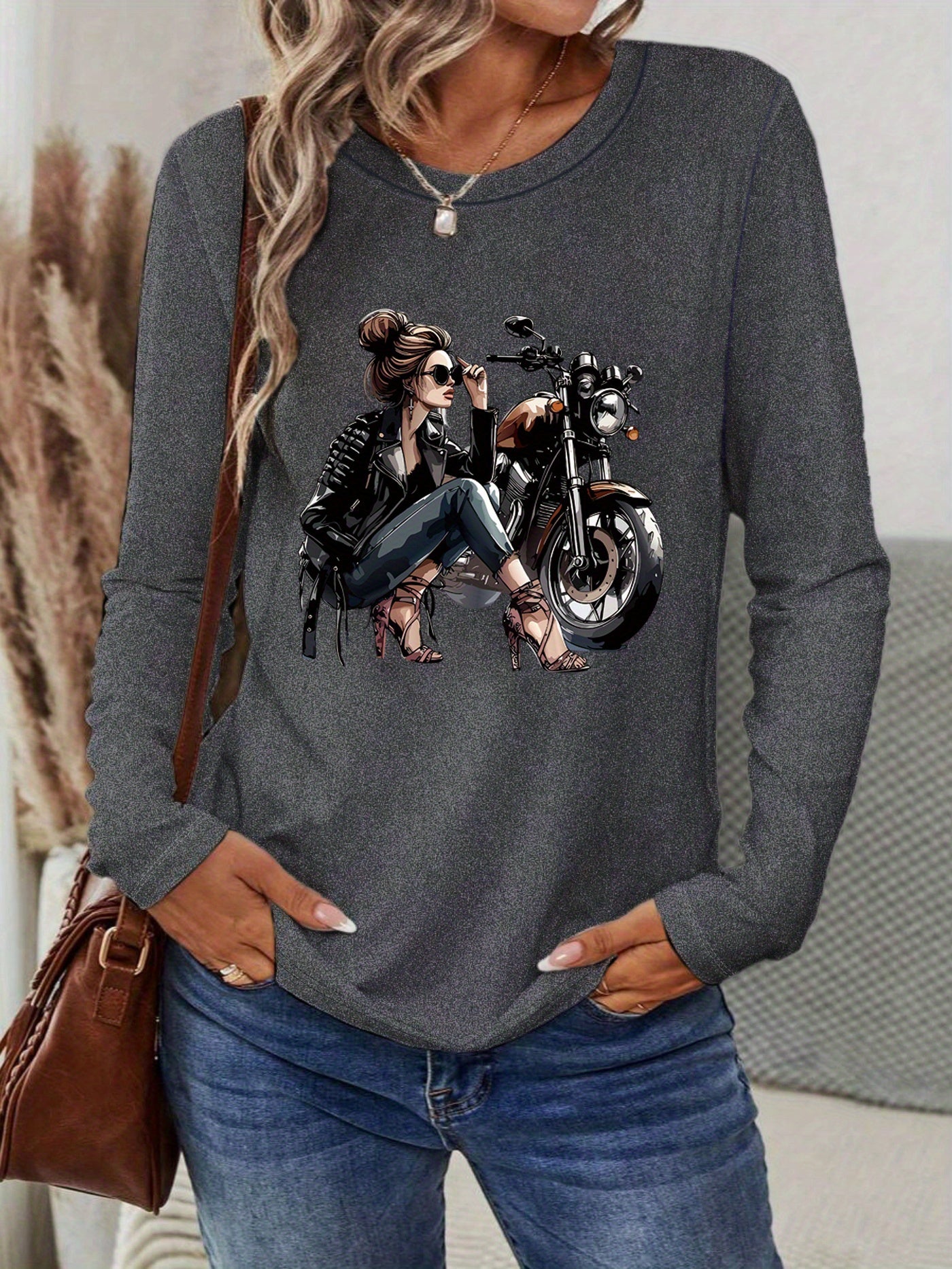 [Vibrant Yellow T-Shirt] Vibrant Yellow Women's Motorcycle Graphic Long Sleeve T-Shirt | Casual Round Neck Spring Summer Top with Geometric Print, Machine Washable, Relaxed Fit, Durable