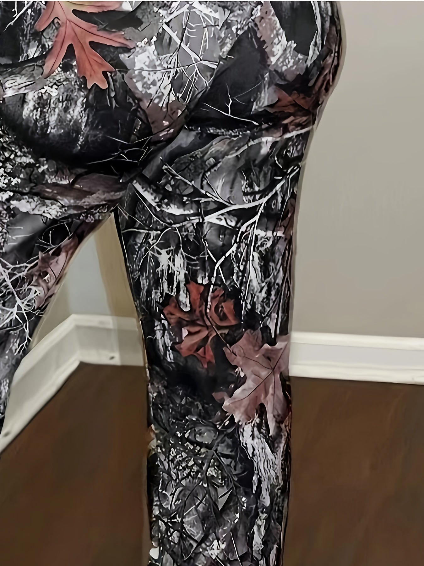 Sexy High-Waist Chic Camo & Branch Print Skinny Pants for Women - Stretchy Polyester Blend, Machine Washable, Slimming, European And American Style