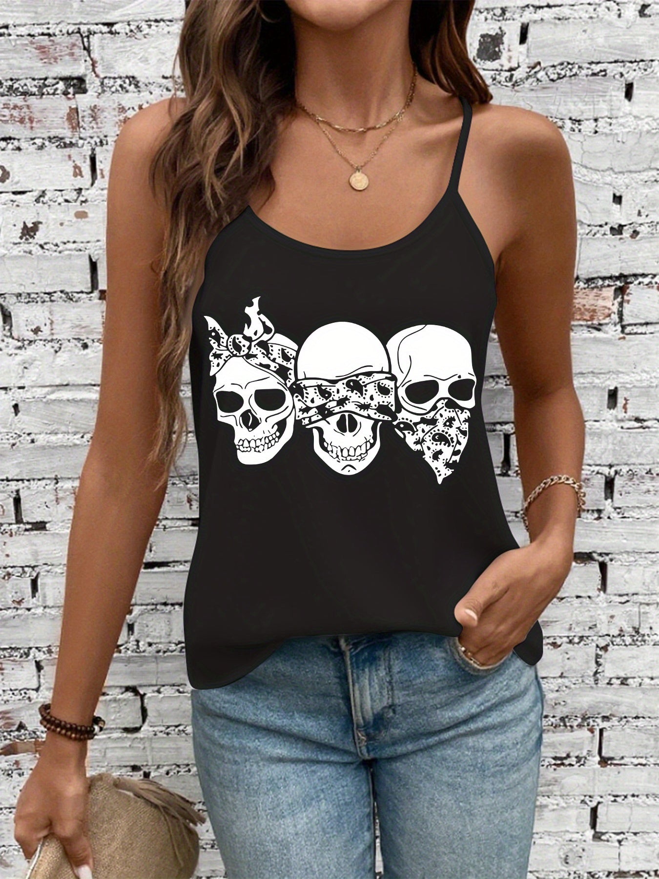 Women'S Sexy Gothic Graphic Tank Top - Sleeveless Shirt with Skulls, Edgy Streetwear Outfit for Concerts, Parties & Casual Attire - All-Season Fashion Statement Piece, Party Attire, Trendy Fashion, Comfortable Fit, Casual Wea